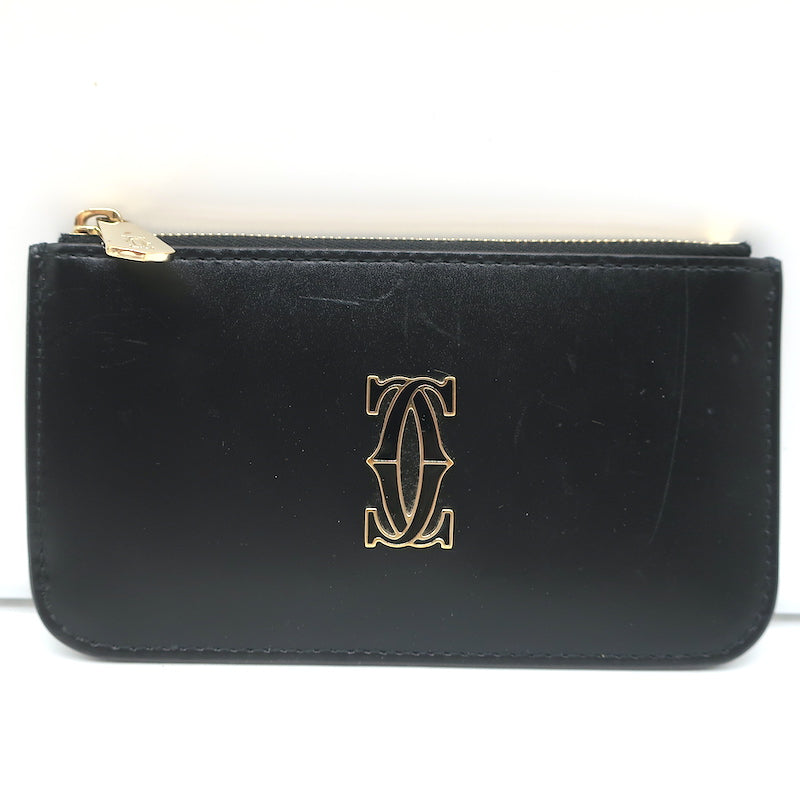 Cartier Double C de Cartier Zipped Card Holder Wallet Black Leather