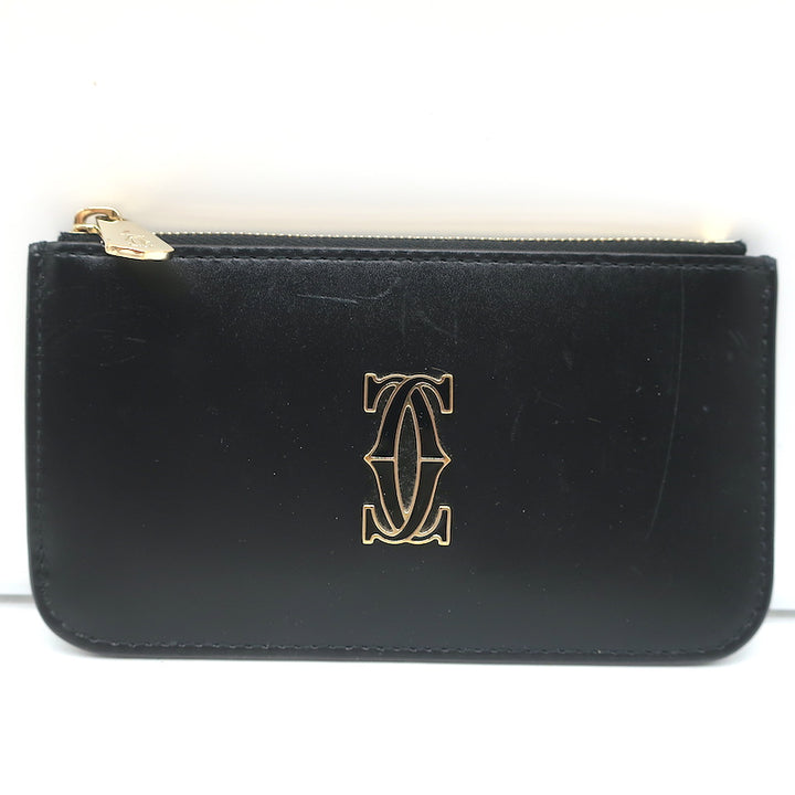 Cartier Double C de Cartier Zipped Card Holder Wallet Black Leather