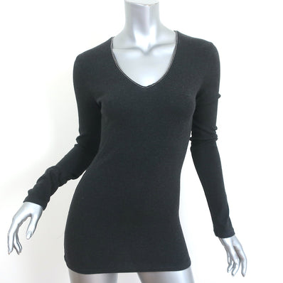 Brunello Cucinelli Monili Trim V-Neck Long Sleeve Top Charcoal Size Medium