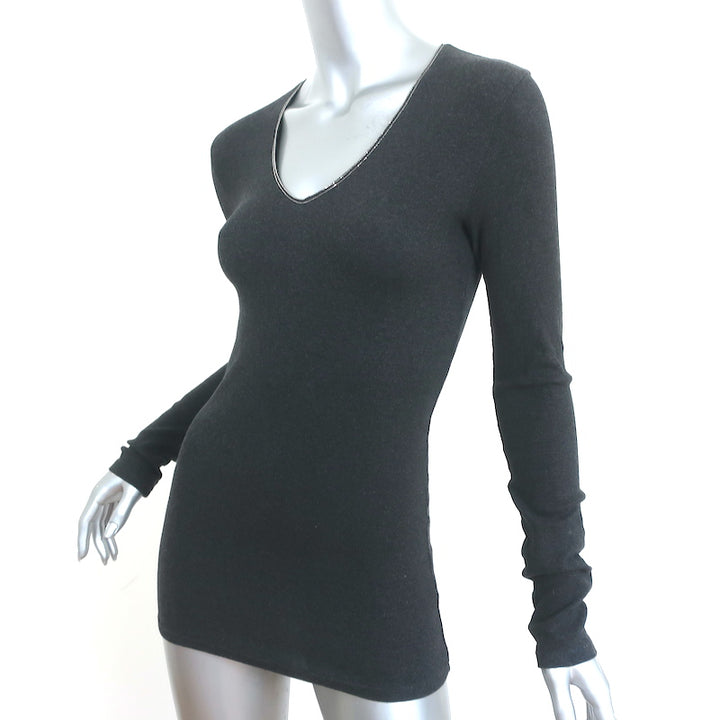 Brunello Cucinelli Monili Trim V-Neck Long Sleeve Top Charcoal Size Medium