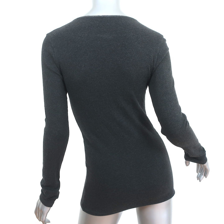 Brunello Cucinelli Monili Trim V-Neck Long Sleeve Top Charcoal Size Medium