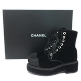 Chanel 17B CC Cap Toe Combat Boots Black Velvet Size 37.5 Lace-Up Ankle Boots