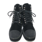 Chanel 17B CC Cap Toe Combat Boots Black Velvet Size 37.5 Lace-Up Ankle Boots