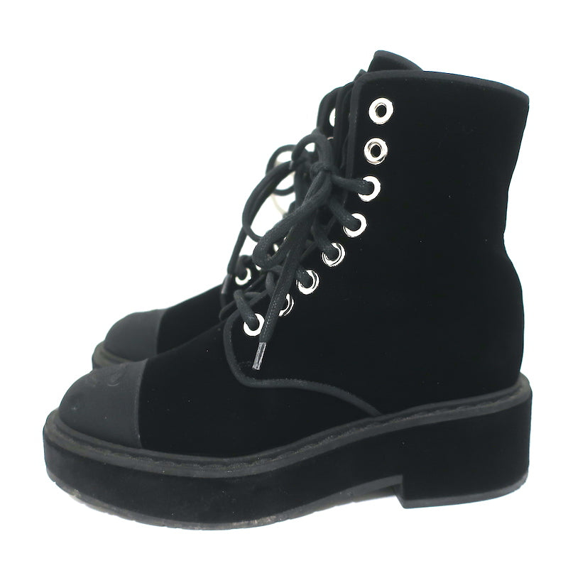 Chanel 17B CC Cap Toe Combat Boots Black Velvet Size 37.5 Lace-Up Ankl –  Celebrity Owned