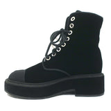 Chanel 17B CC Cap Toe Combat Boots Black Velvet Size 37.5 Lace-Up Ankle Boots