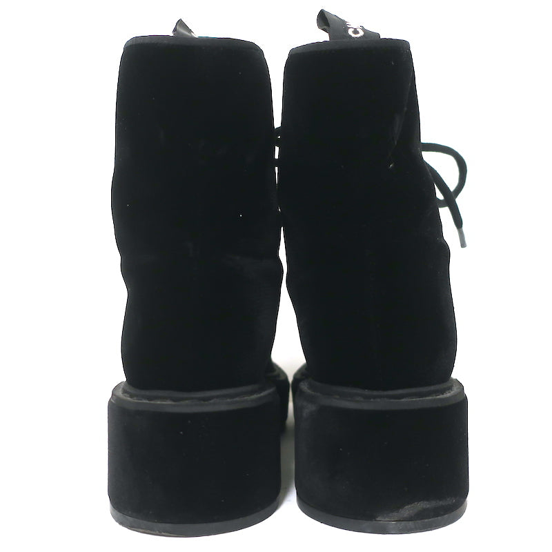 Chanel 17B CC Cap Toe Combat Boots Black Velvet Size 37.5 Lace-Up