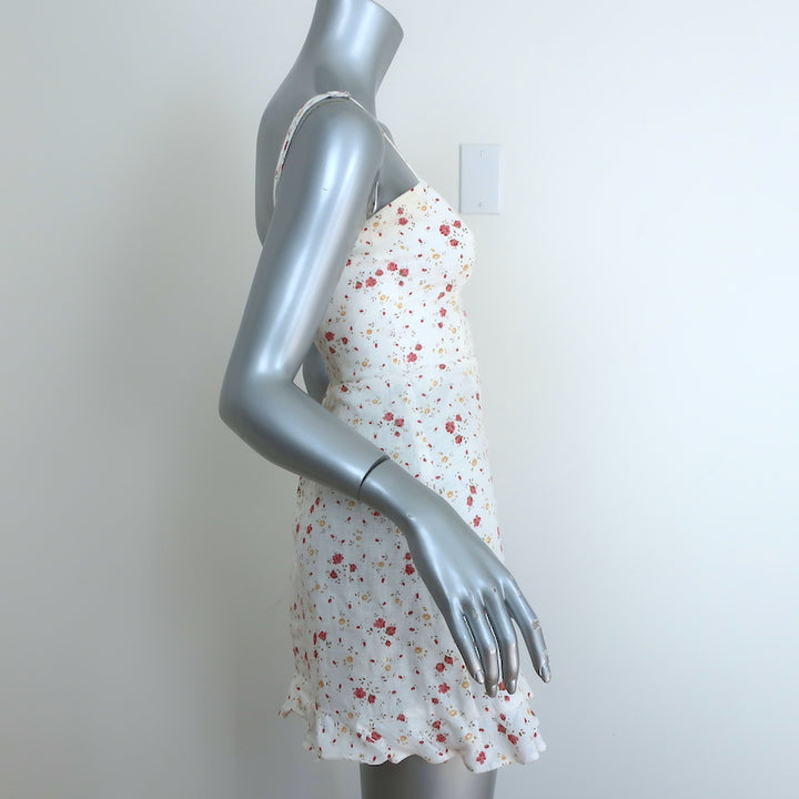 Reformation Kiernan Ruffle Hem Mini Dress White Floral Print Linen Size 2