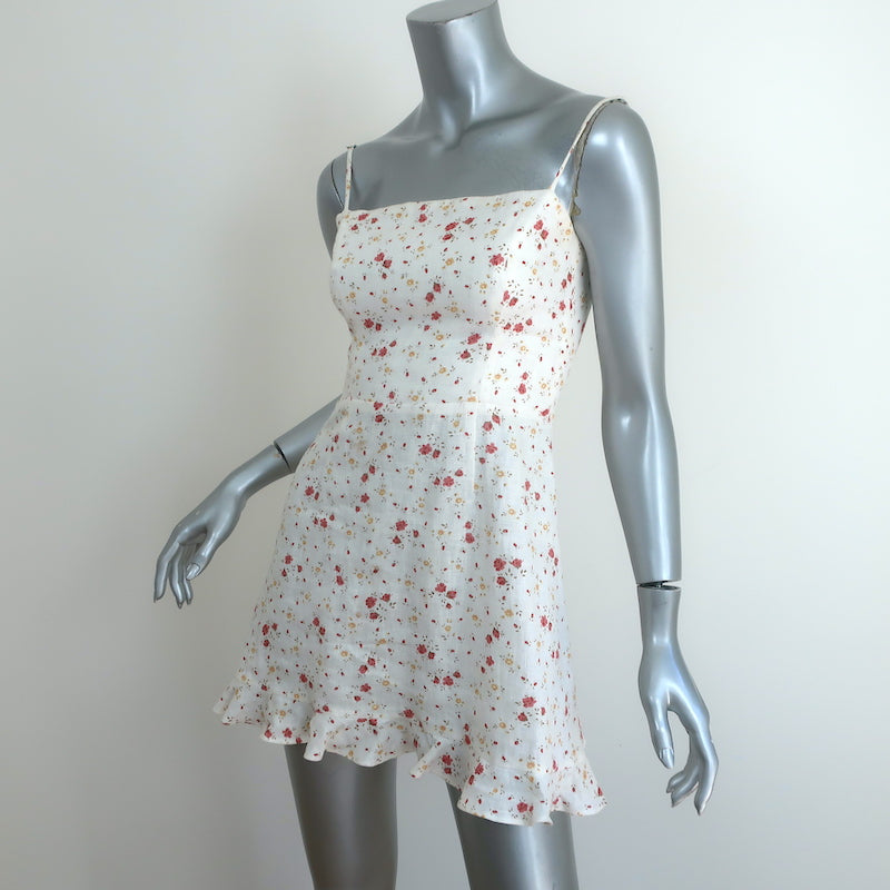 Reformation Kiernan Ruffle Hem Mini Dress White Floral Print Linen Size 2