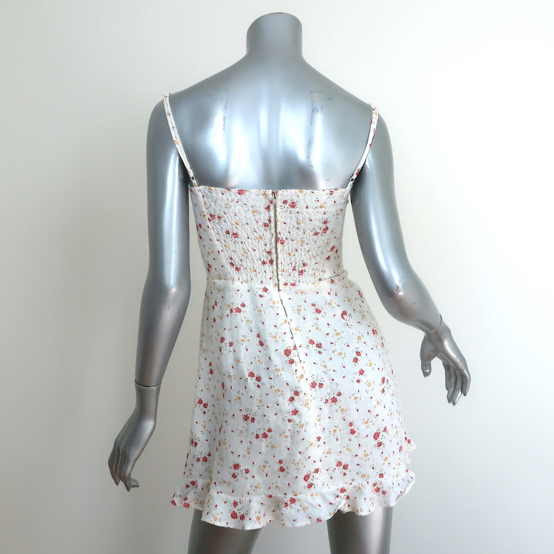 Reformation Kiernan Ruffle Hem Mini Dress White Floral Print Linen Size 2