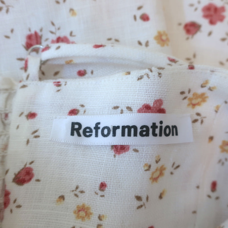 Reformation Kiernan Ruffle Hem Mini Dress White Floral Print Linen Size 2