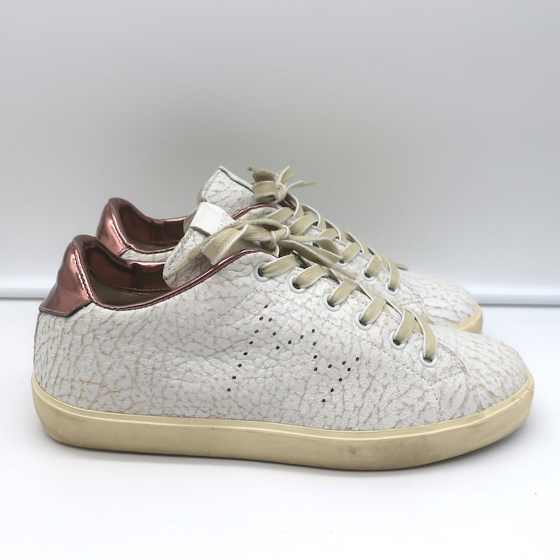 Leather Crown LC06 Low Top Sneakers White Crackle &amp; Rose Gold Metallic Size 37