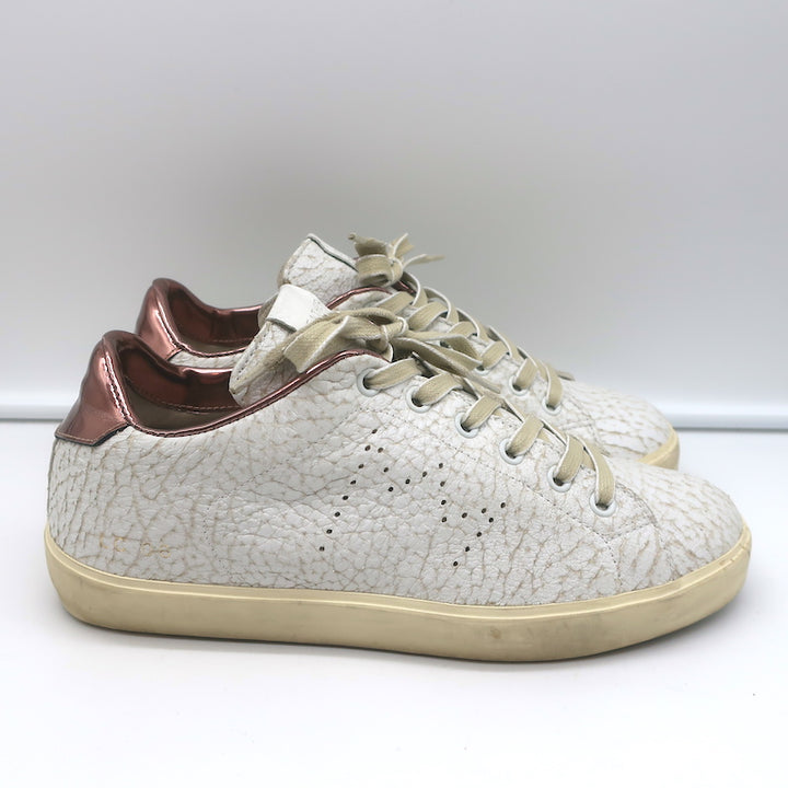 Leather Crown LC06 Low Top Sneakers White Crackle &amp; Rose Gold Metallic Size 37