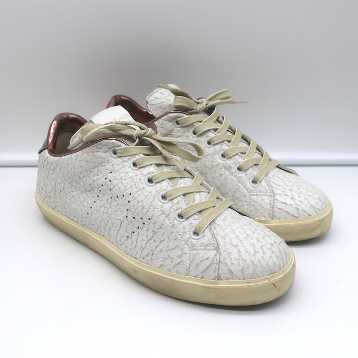 Leather Crown LC06 Low Top Sneakers White Crackle &amp; Rose Gold Metallic Size 37