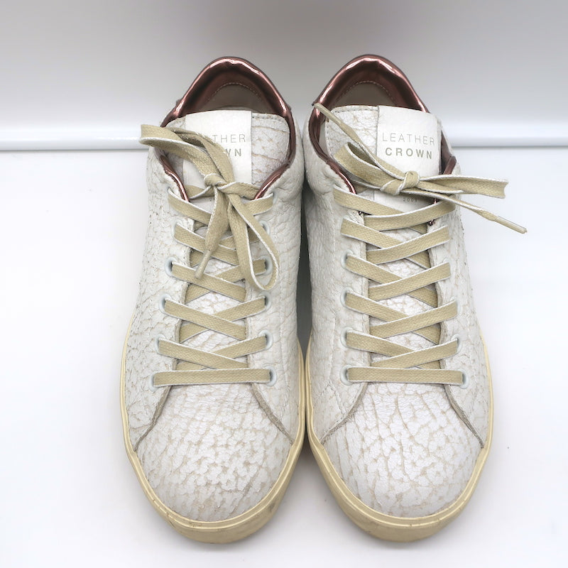 Leather Crown LC06 Low Top Sneakers White Crackle &amp; Rose Gold Metallic Size 37