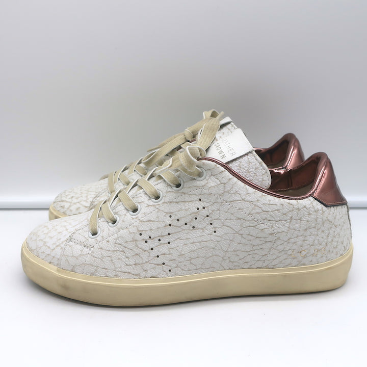 Leather Crown LC06 Low Top Sneakers White Crackle &amp; Rose Gold Metallic Size 37