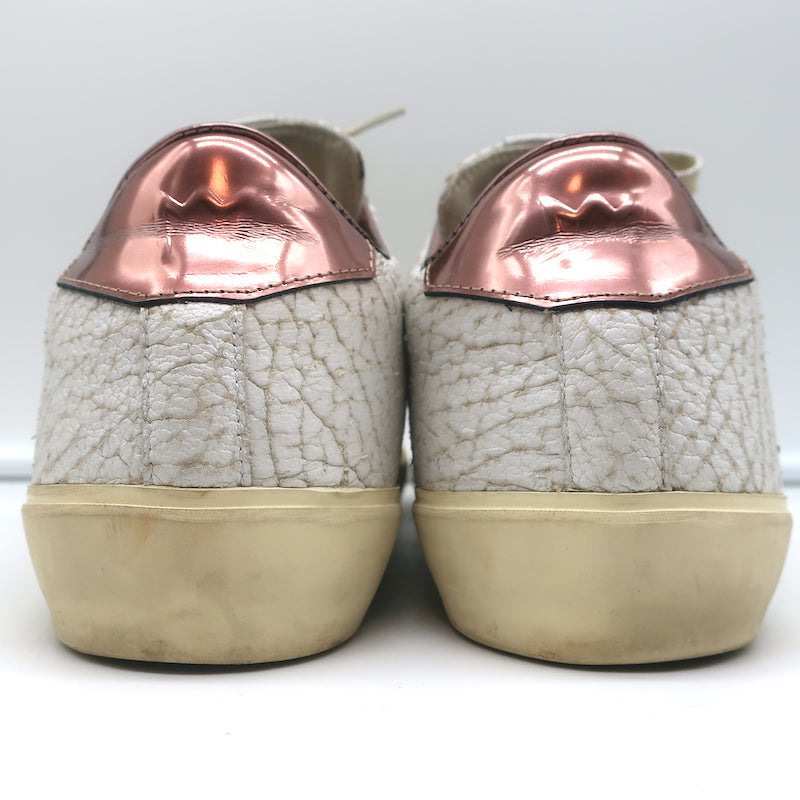 Leather Crown LC06 Low Top Sneakers White Crackle &amp; Rose Gold Metallic Size 37
