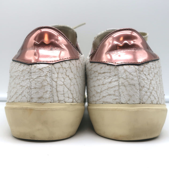 Leather Crown LC06 Low Top Sneakers White Crackle &amp; Rose Gold Metallic Size 37