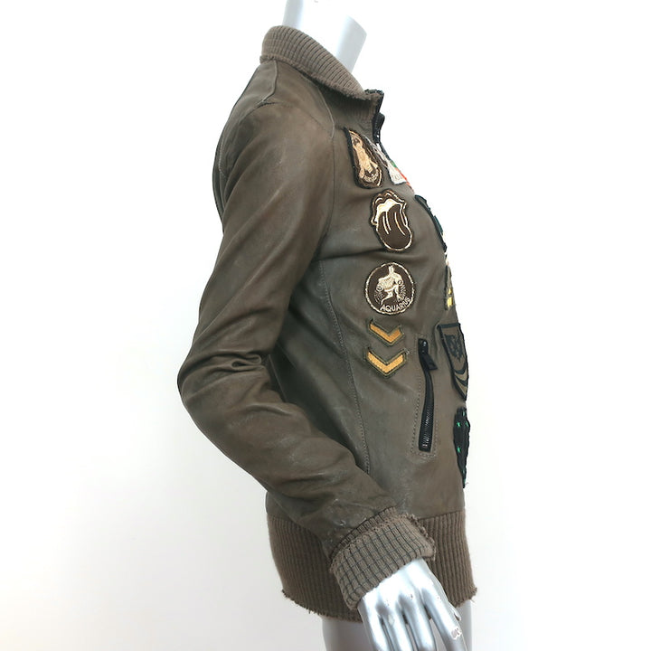 Giorgio Brato Zodiac Patch Leather Bomber Jacket Army Green Size 42
