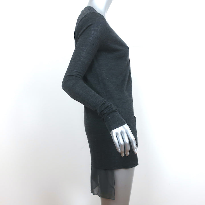 Vera Wang Chiffon-Hem Cardigan Charcoal Wool Size Medium V-Neck Sweater