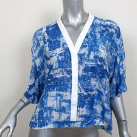 Helmut Lang Cropped Blouse Blue Scriber Print Silk Size Large Short Sleeve Top