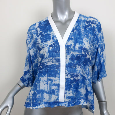 Helmut Lang Cropped Blouse Blue Scriber Print Silk Size Large Short Sleeve Top