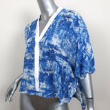 Helmut Lang Cropped Blouse Blue Scriber Print Silk Size Large Short Sleeve Top