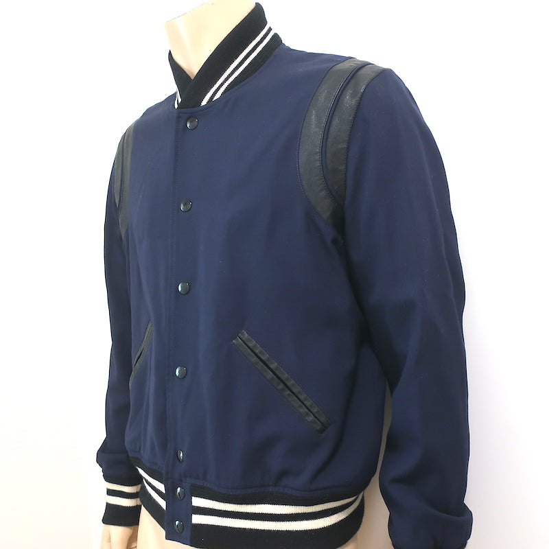 Saint Laurent Teddy Bomber Jacket Navy/Black Leather-Trimmed Wool Size 52