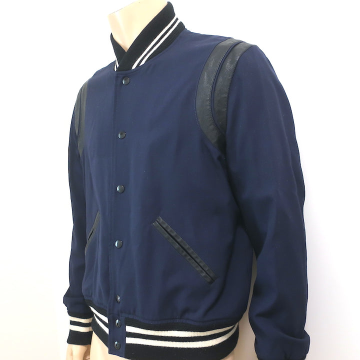 Saint Laurent Teddy Bomber Jacket Navy/Black Leather-Trimmed Wool Size 52