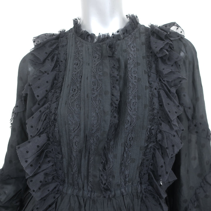 Ulla Johnson Ruffle Mini Dress Presley Black Polka Dot Cotton-Blend Size 4