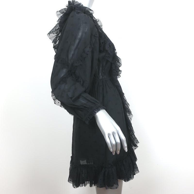 Ulla Johnson Ruffle Mini Dress Presley Black Polka Dot Cotton-Blend Size 4