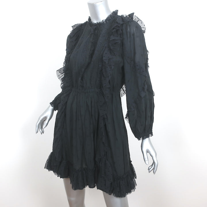 Ulla Johnson Ruffle Mini Dress Presley Black Polka Dot Cotton-Blend Size 4