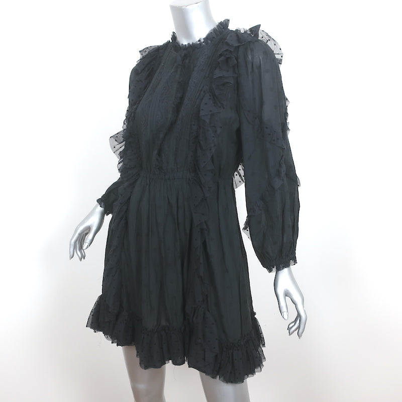 Ulla Johnson Ruffle Mini Dress Presley Black Polka Dot Cotton-Blend Si Celebrity Owned Ulla Johnson Ruffle Mini Dress Presley Black Polka Dot Cotton-Blend Si Celebrity Owned