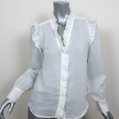 FRAME Ruffled Blouse Lauren White Ramie Gauze Size Small Long Sleeve Top