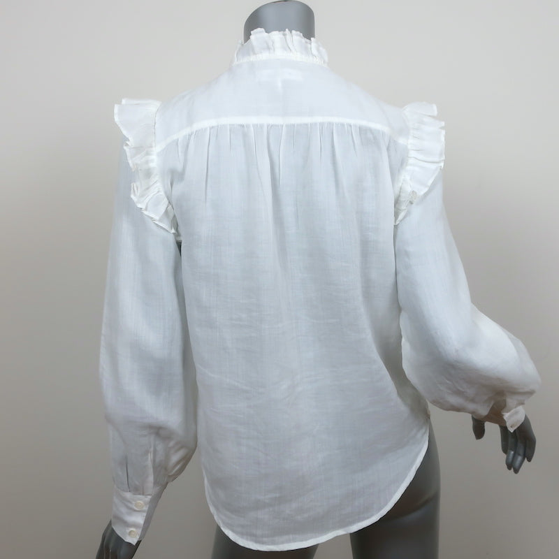 FRAME Ruffled Blouse Lauren White Ramie Gauze Size Small Long Sleeve Top
