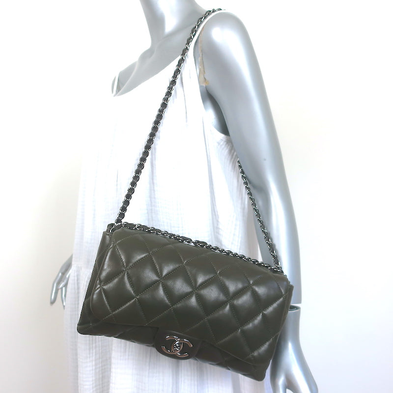 Chanel 2009 3 Accordion Flap Bag Dark Olive Quilted Leather Medium Shoulder Bag