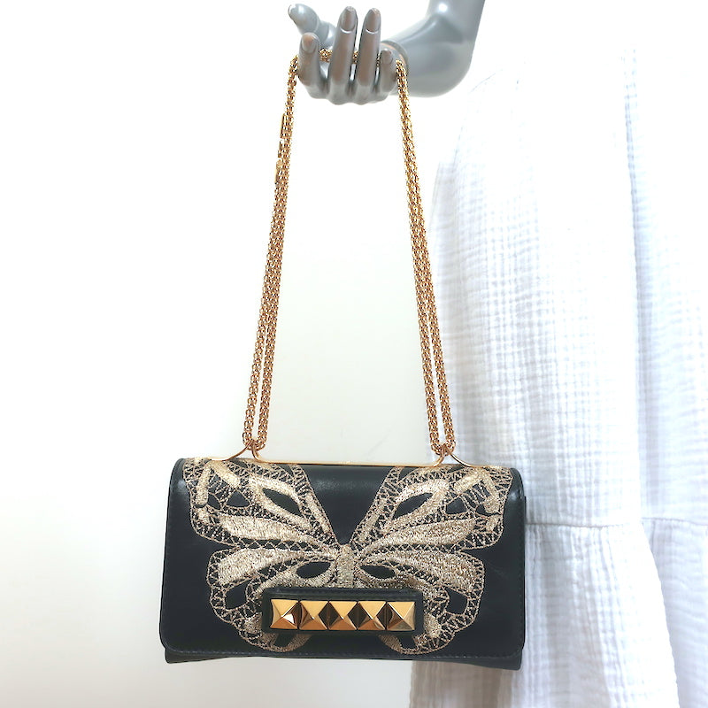 Valentino VA VA Voom Butterfly Embroidered Shoulder Bag Black Leather Crossbody