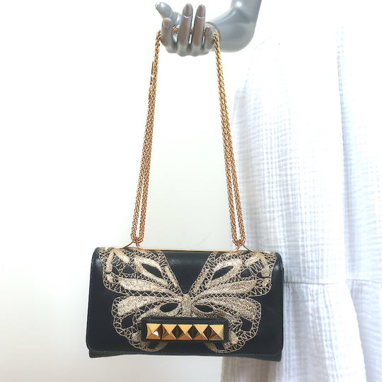 Valentino Black Quilted Leather Medium Rockstud Spike.It With Butterfly  Patches Shoulder Bag Valentino