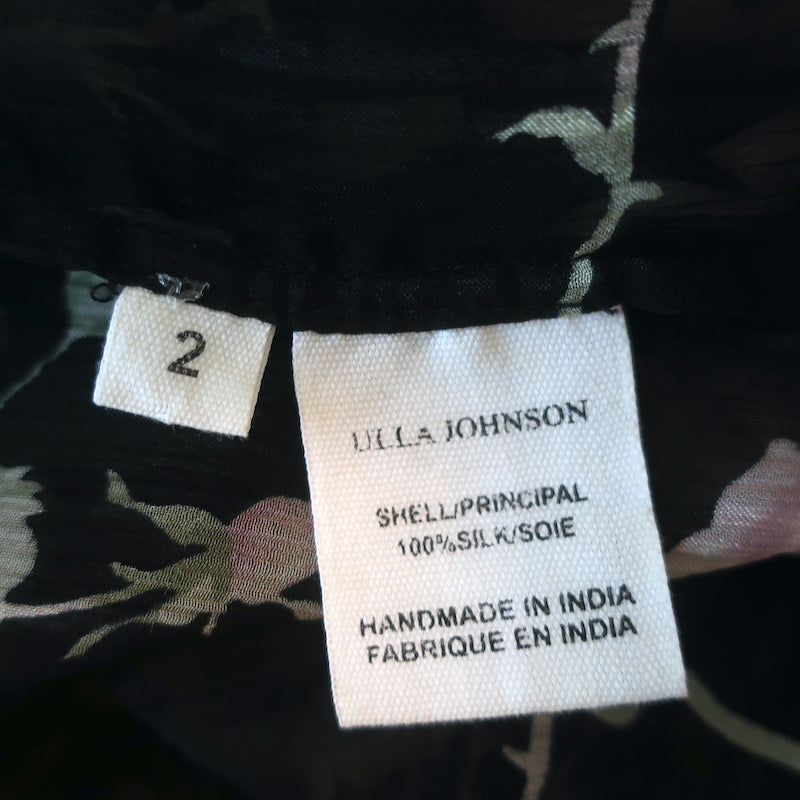 Ulla Johnson Blouse Petunia Black Rose Print Chiffon Size 2 Long Sleeve Top