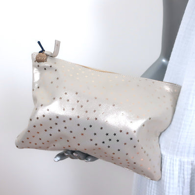 Clare V. Flat Clutch Shimmer Stars Print Metallic Nubuck NEW