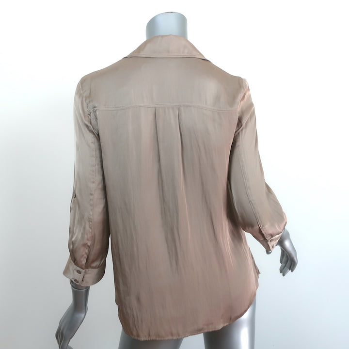 Vince Cowl Neck Blouse Gold Satin Size 2 Collared 3/4 Sleeve Top