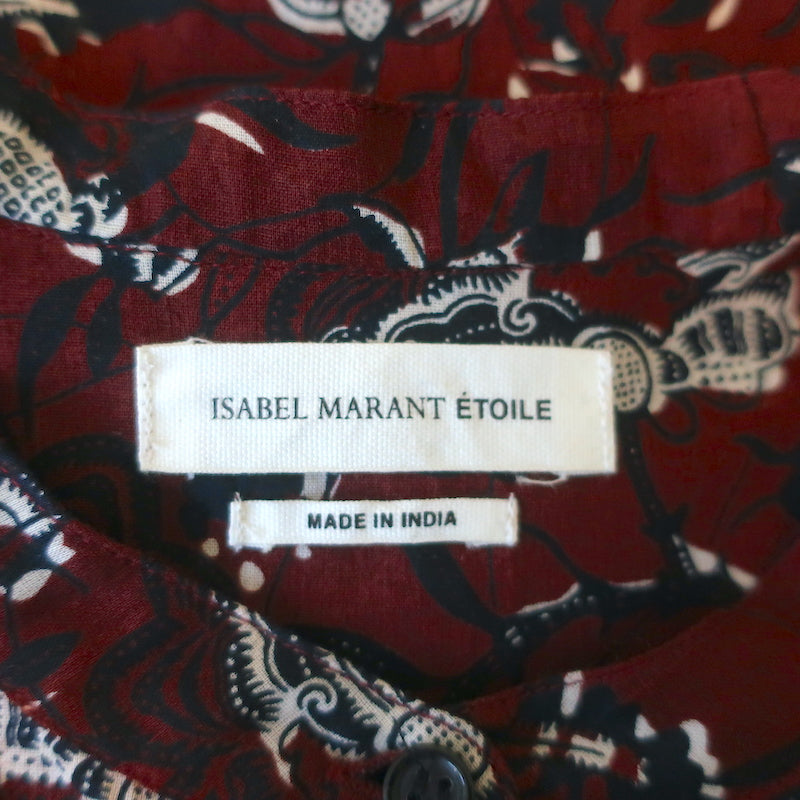 Isabel Marant Etoile Henley Blouse Amaria Burgundy Floral Print Cotton Size 34