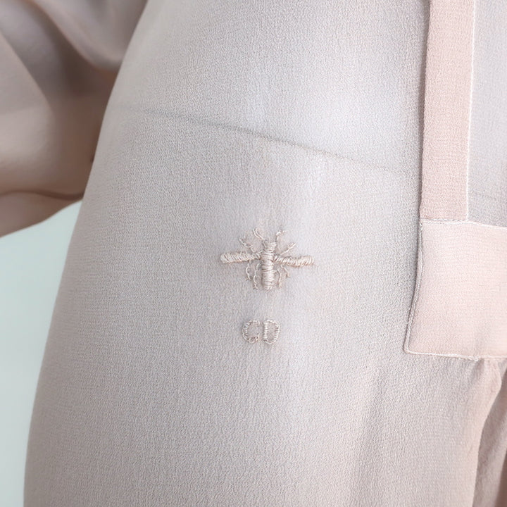 Christian Dior Tie Neck Mini Dress Blush Chiffon Size 44 Long Sleeve Tunic