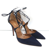 Aquazzura Matilde Crisscross Pumps Navy Suede Size 41 Pointed Toe Heels NEW