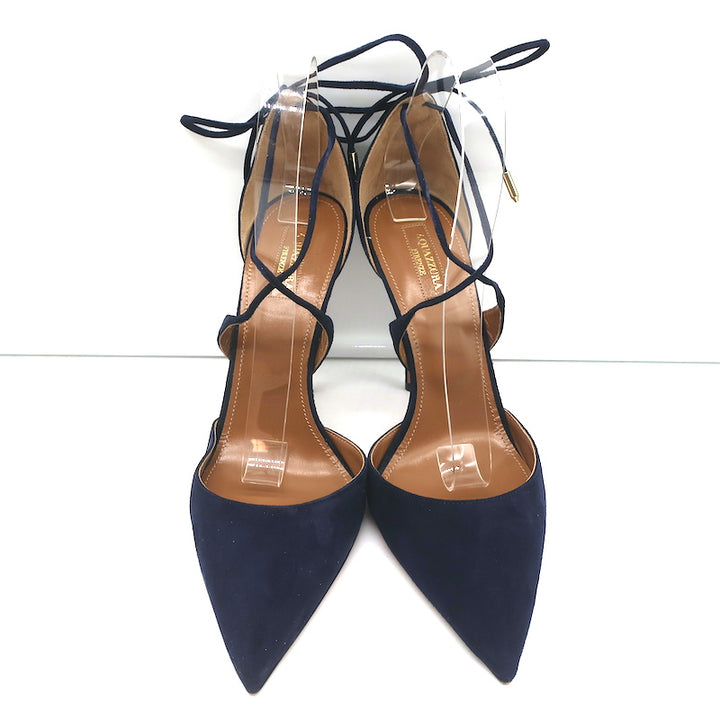 Aquazzura Matilde Crisscross Pumps Navy Suede Size 41 Pointed Toe Heels NEW