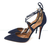 Aquazzura Matilde Crisscross Pumps Navy Suede Size 41 Pointed Toe Heels NEW
