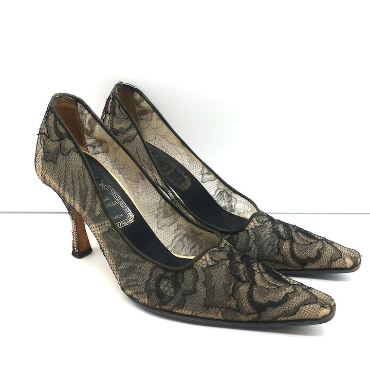 Rene Caovilla Lace Pumps Black Size 36.5 Pointed Toe Heels