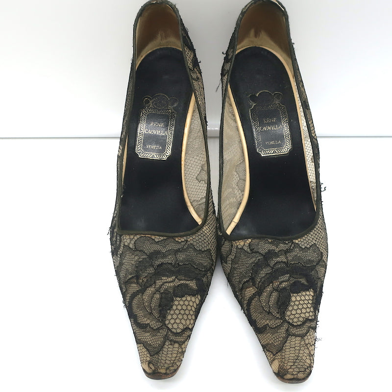 Rene Caovilla Lace Pumps Black Size 36.5 Pointed Toe Heels