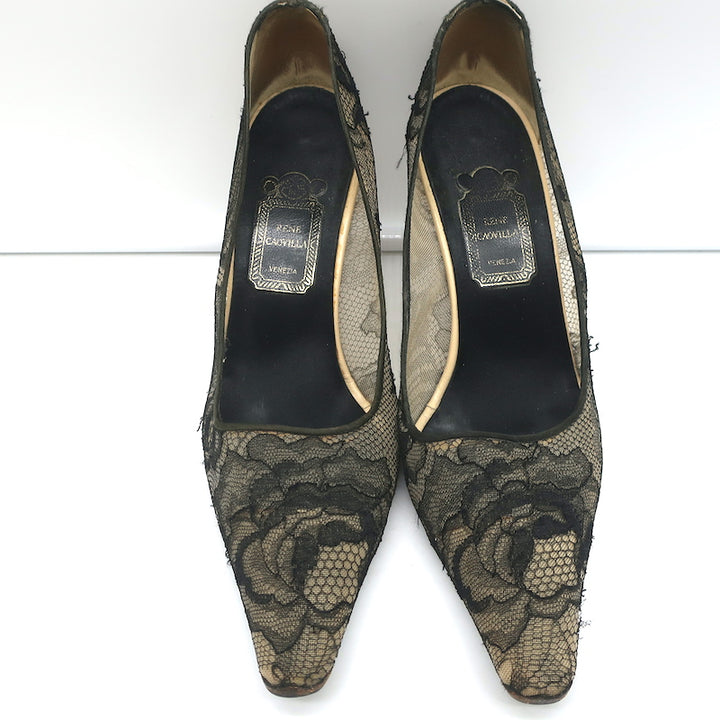 Rene Caovilla Lace Pumps Black Size 36.5 Pointed Toe Heels