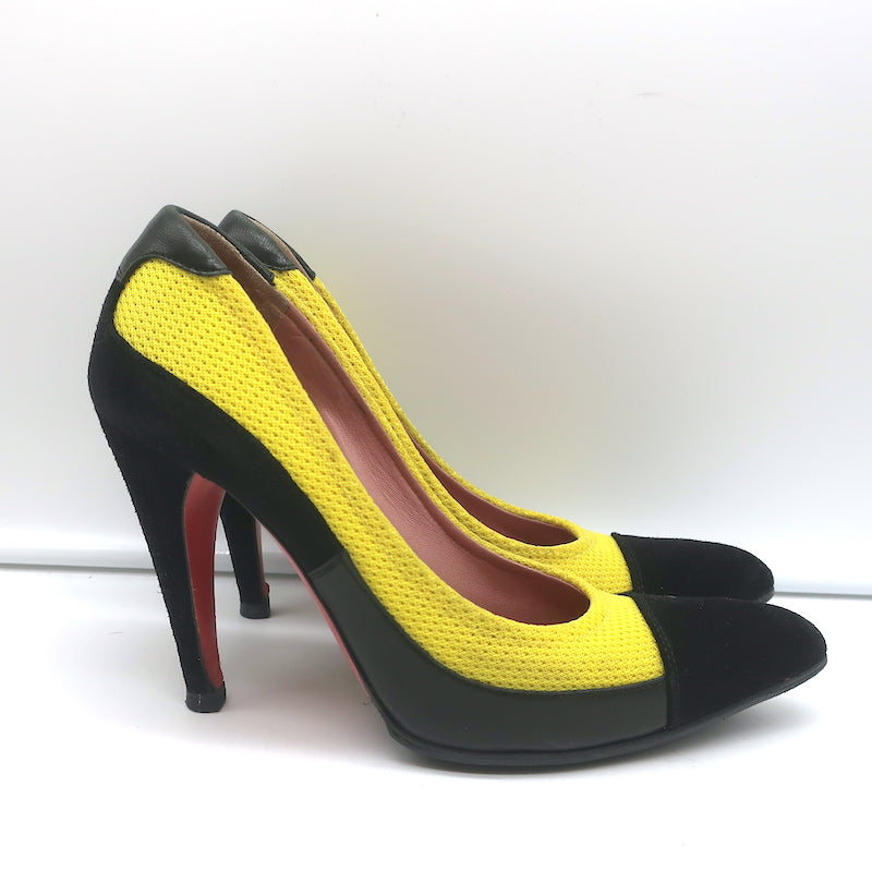 Prada Pumps Yellow Mesh &amp; Black Suede Size 36.5 Pointed Toe Heels