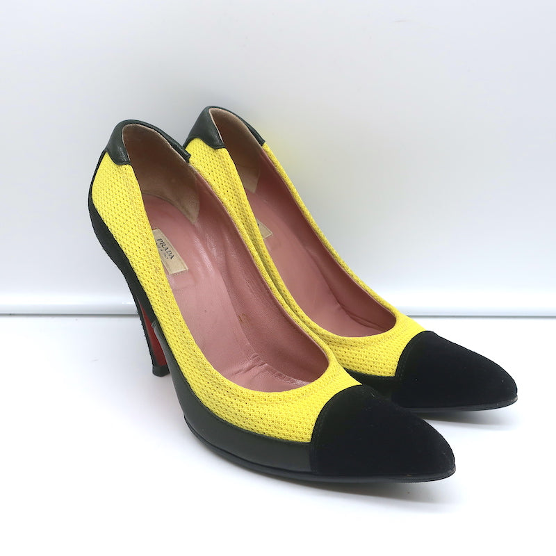 Prada Pumps Yellow Mesh &amp; Black Suede Size 36.5 Pointed Toe Heels